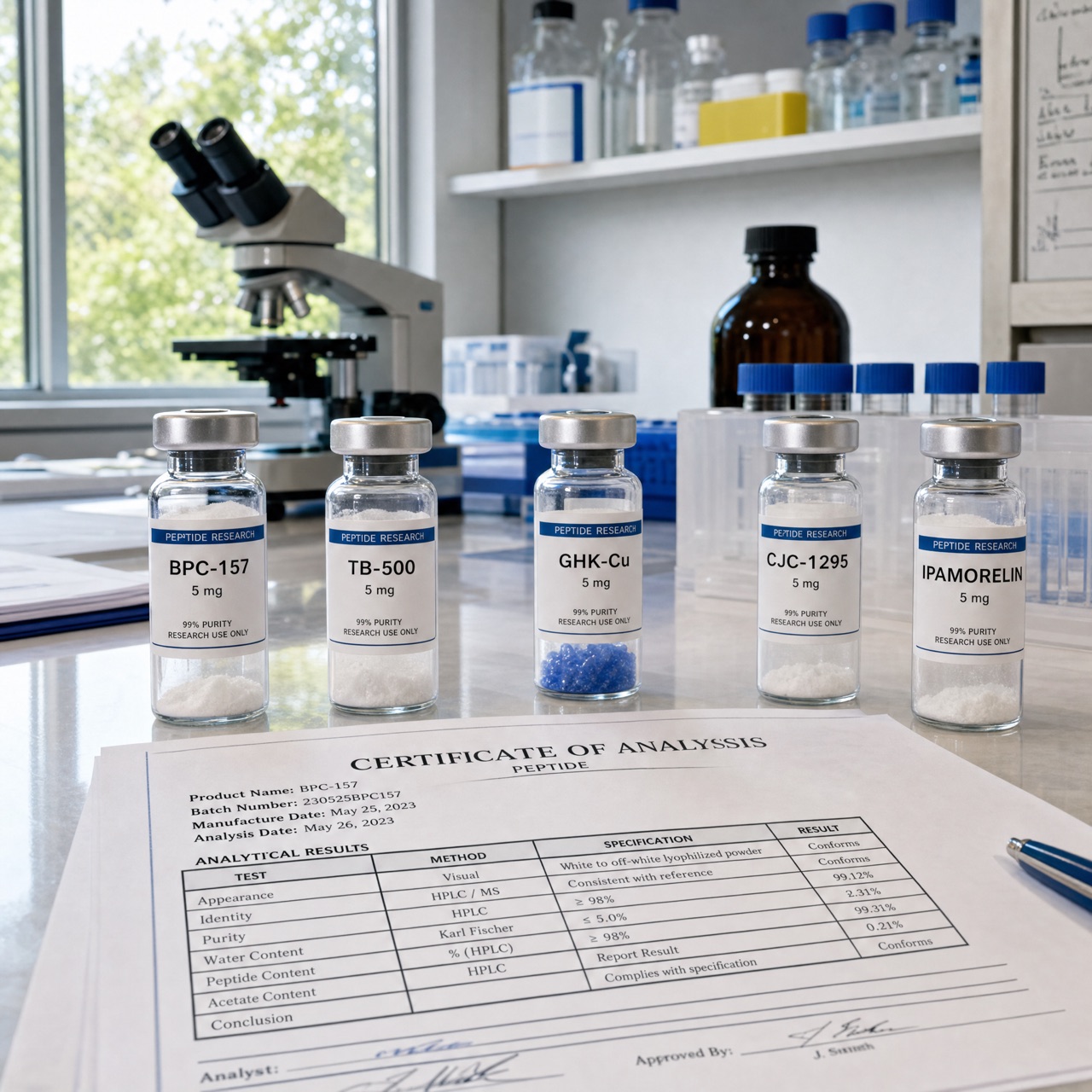 Research peptide vials with certificates of analysis